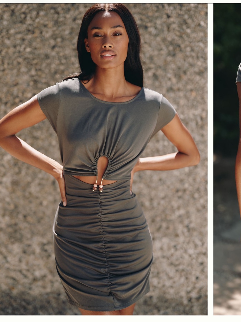Celandine Smoked Deep Olive Ruched Cutout Bodycon Dress